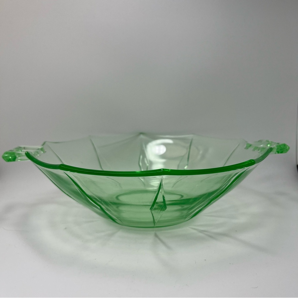 Antique Uranium Green Glow Depression Glass Bowl, Decagonal with Handles 10"